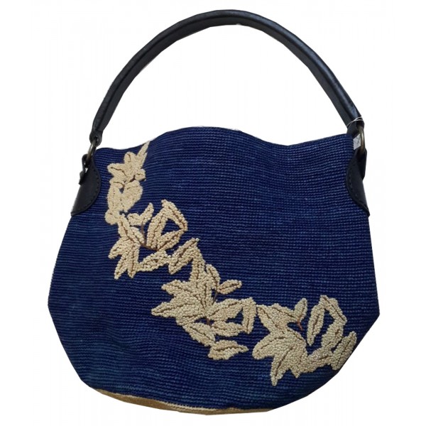 Sac Bleu Chic Boho raphia et cuir